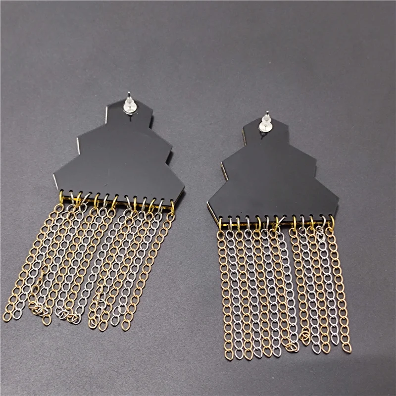 KUGUYS Tassel Dangle Earrings for Women Hyperbole Gold Silver Color Chain Acrylic Mirror Geometric HipHop Jewelry Accessories