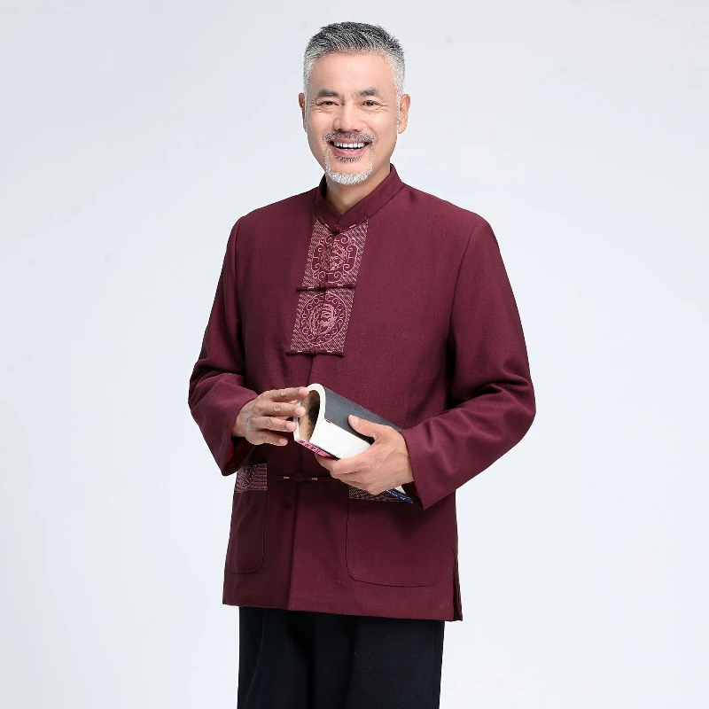 Traditioneller chinesischer Stil Kung Fu Tai Chi Uniform Stickerei Hanfu Bluse Herren Vintage Jacke mittleren Alters und ältere Tang-Anzug