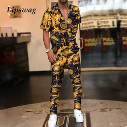 Vintage Printed Mens Summer Two Piece Sets Fashion Casual Short Sleeve Shirts And Long Pants Outfits Men 2021 Hipster Streetwear