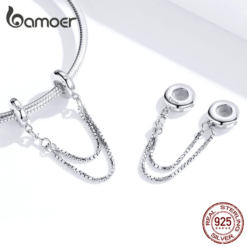 bamoer Genuine 925 Sterling Silver Safety Box Chain Charm for Original Silver Bracelet Stopper Charms with Silicone SCC1419