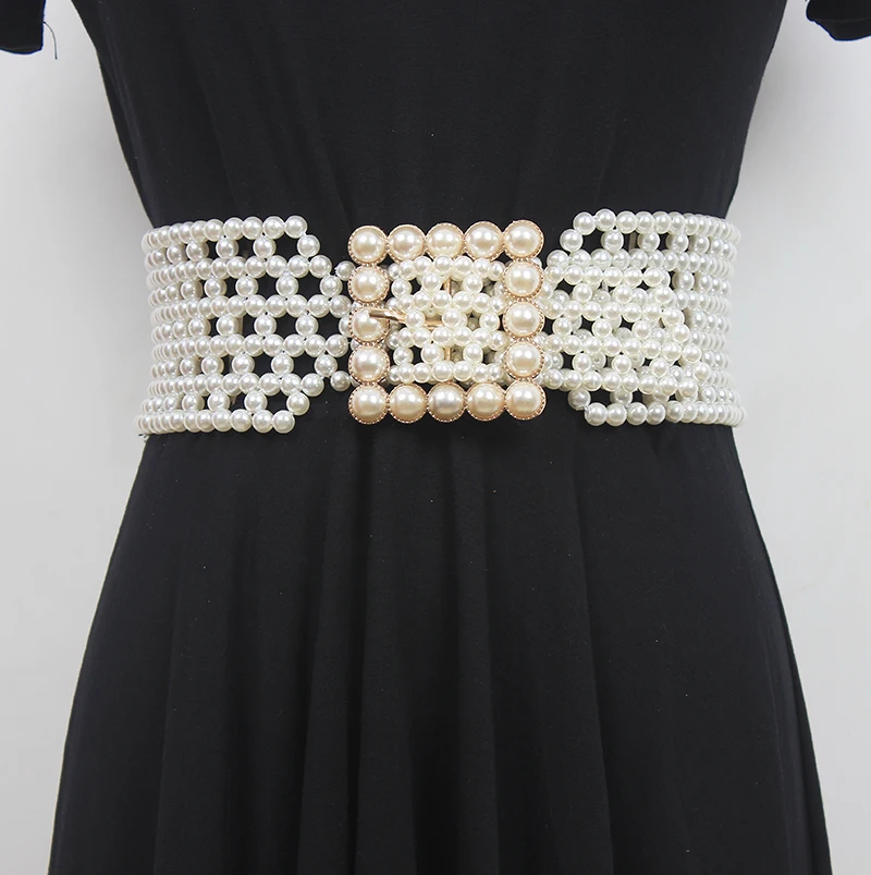 Women's Runway Fashion Pearl Knitted Elastic Cummerbunds Female Dress Corsets Waistband Belts Decoration Wide Belt R1165