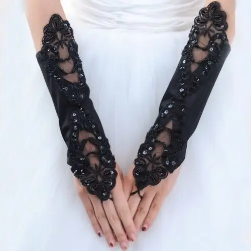 Gloves Halloween Black Fingerless Sequin Lace Satin Wedding Fancy Dress