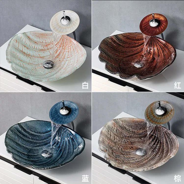 Bathroom tempered glass art washbasin personality seashells basin European simple abstract washbasin wash basin