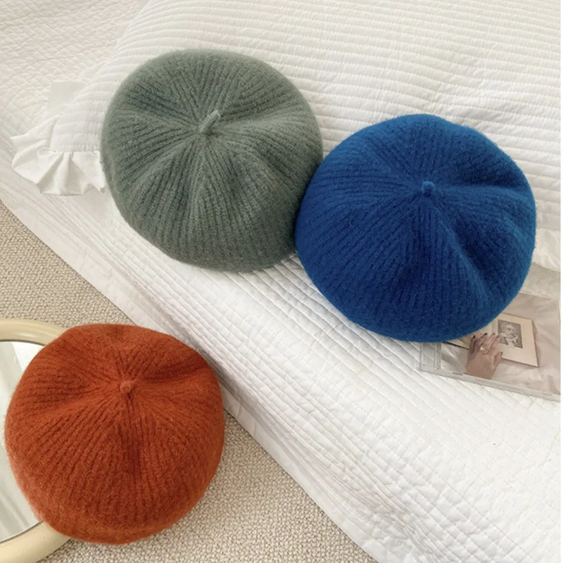 2021 New Women\'s Winter Wool Knitted Beret Women\'s Stretch Retro Painter Hat Warm Knitted Hat Autumn and Winter Hat