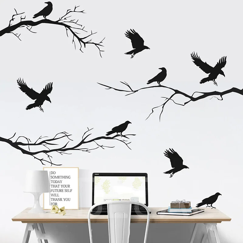 

Black Crows And Winter Branches Wall Decals, Halloween Decor, Crows Wall Sticker, Halloween Decals room decoration 3C76