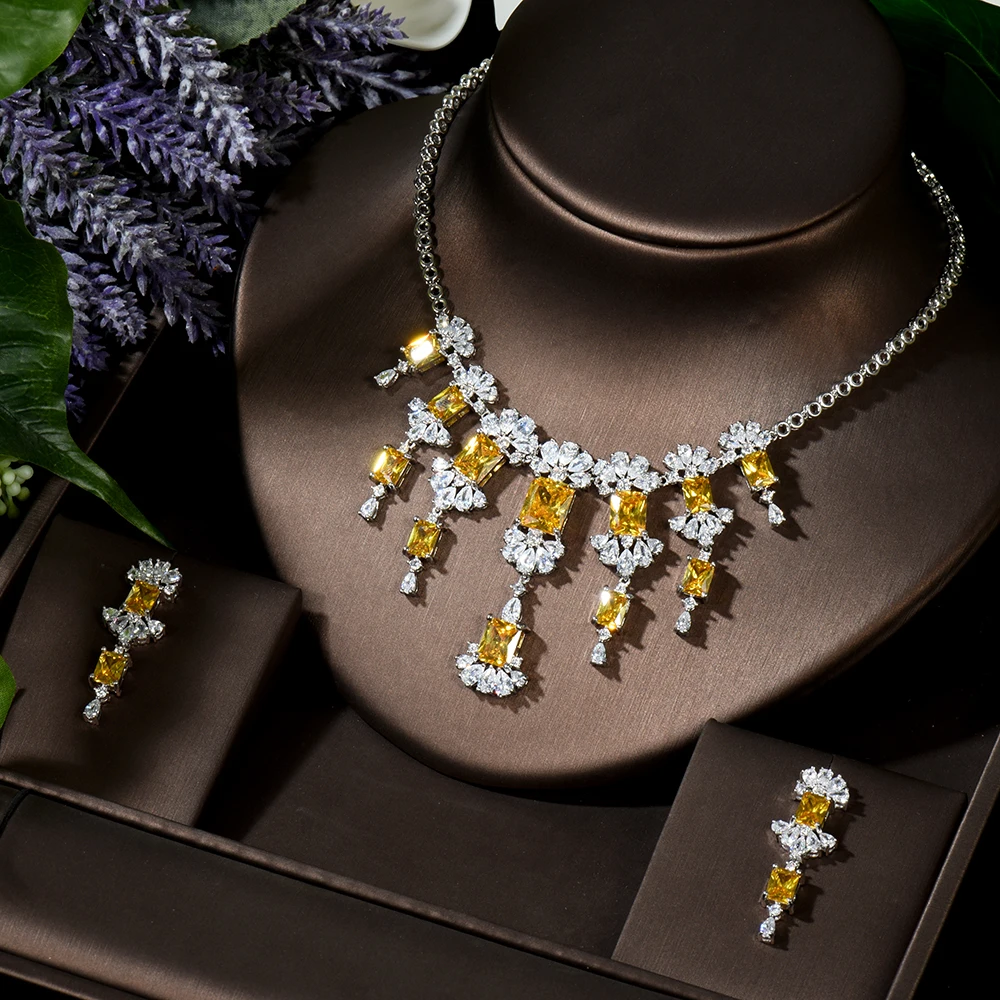 

HIBRIDE Yellow CZ Necklace and Earring Set Flower Shape Jewelry Set For Women Bridal Wedding Accessories Bijoux Femme N-908