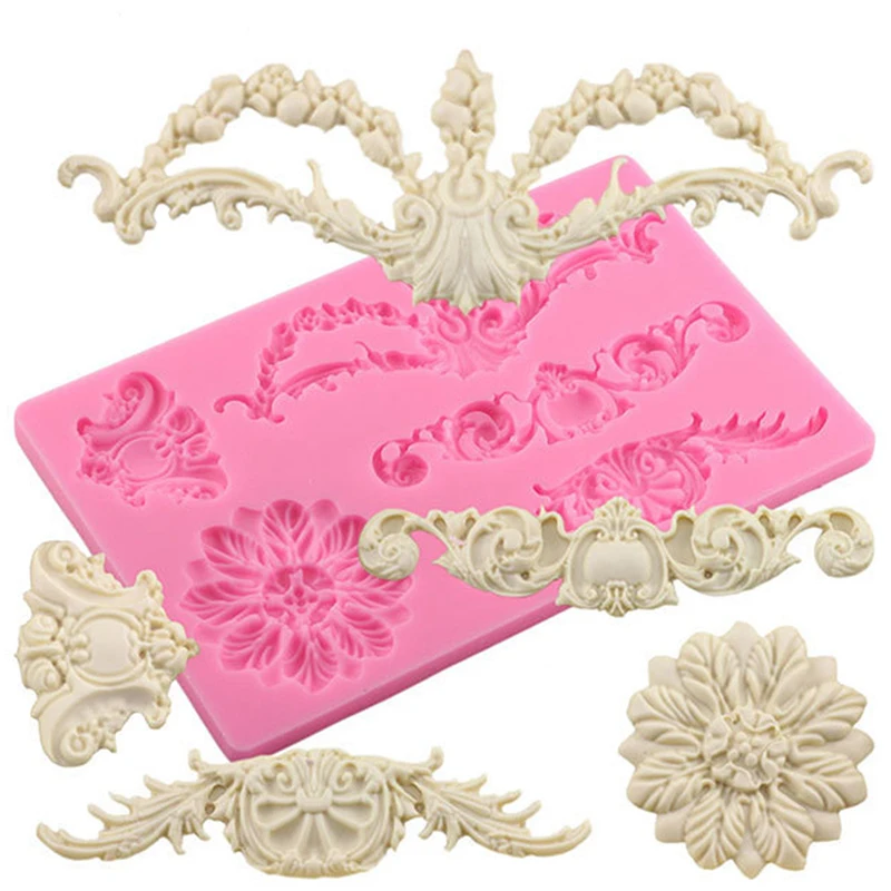 DIY Cake Border Frame Silicone Molds 3D Baroque Scroll Relief Flower Wedding Fondant Decorating Molds