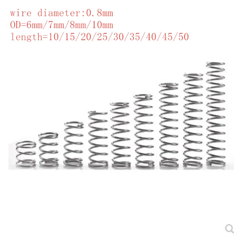 20pcs/lot 0.8mm Stainless Steel  Micro Small Compression spring OD  5mm 6mm 7mm 8mm 9mm 10mm 12mm length 10mm to 50mm