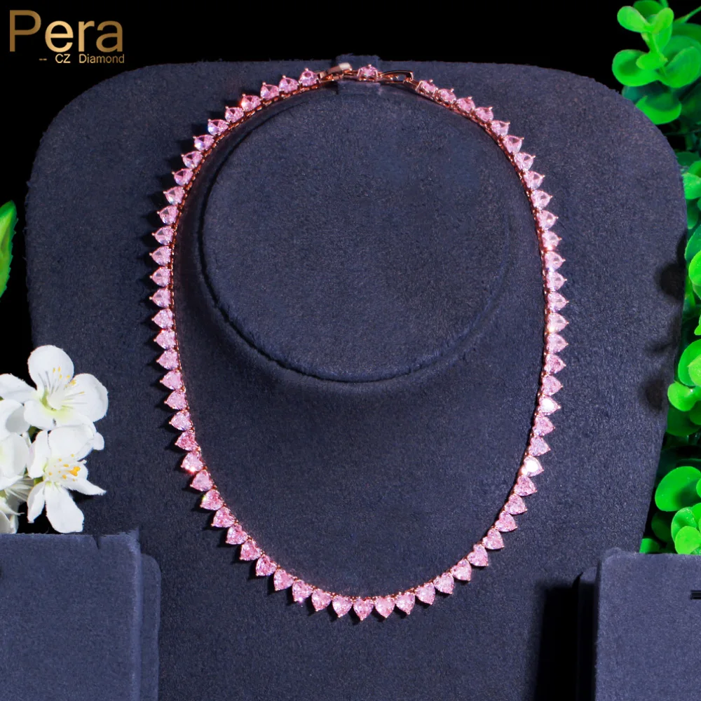 Pera Sweet Love Heart Shape Pink Cubic Zirconia Gold Plated Round Choker Necklace for Lover's Engagement Party Jewelry Gift P029