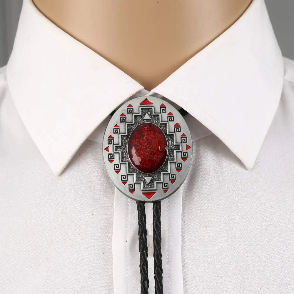 Handmade Western Cowboy Bolo Tie Southwest Ruby Cross Pattern Totem Antique Silver Vintage Bolo Tie for Women with Red Enamel