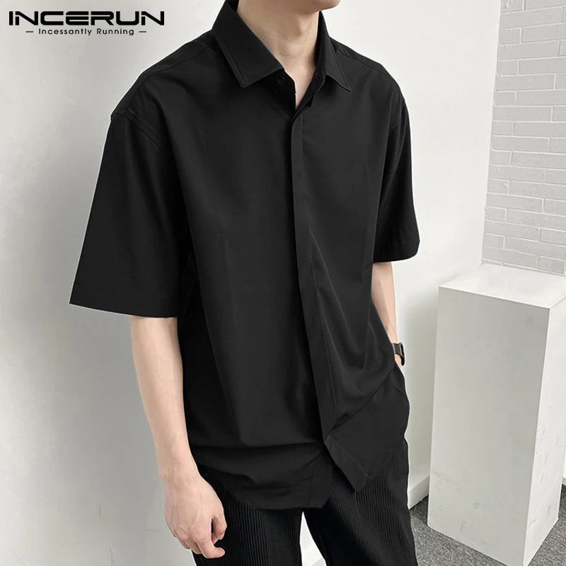 INCERUN Solid Color Men Shirt Lapel Short Sleeve Button Casual Shirts Streetwear Fashion Korean Style Leisure Men Clothing 2023