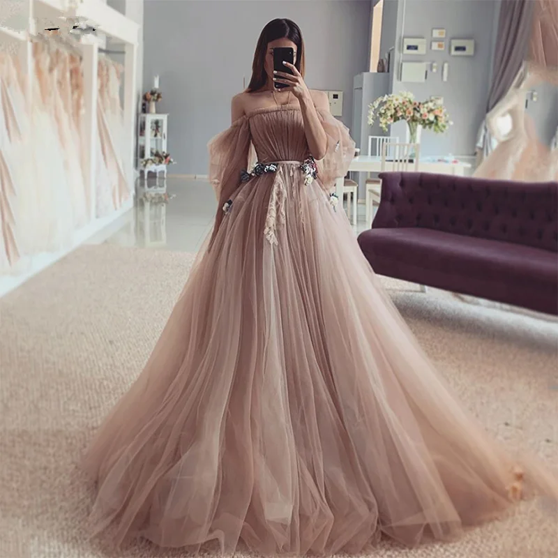 

Elegant Pink Fairy Prom Dresses 2023 Off The Shoulder Puff Sleeve Bride Dresses Formal Women's Flowers Wedding Gowns for Party