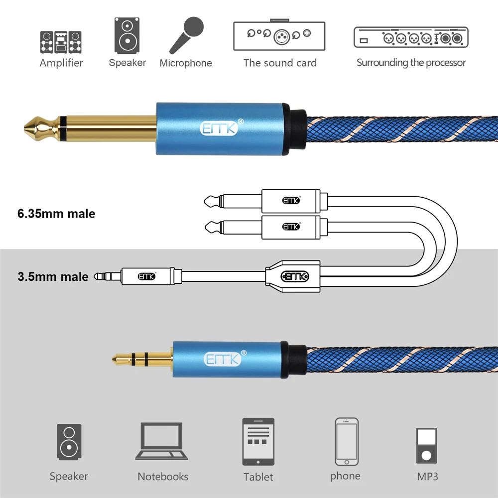 EMK 3.5mm to 2 6.35mm Audio Cable Stereo Aux 3.5 Male to Male 6.35 6.3 6.5 Mono Y Splitter Audio Cord 5m for Phone to Mixer