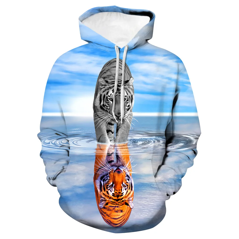 Tigers Play Water 3D Hoodies Fashion Streetwear Man Woman Long Sleeve Pullover Sweatshirt Male Streetwear Clothing