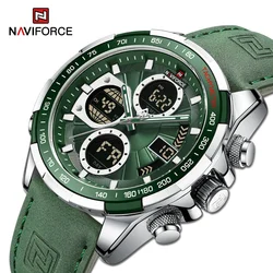 NAVIFORCE Men's Leather Watches Casual Fashion Waterproof Led Digital Week Display Calendar Clock Watches Male Relogio Masculino