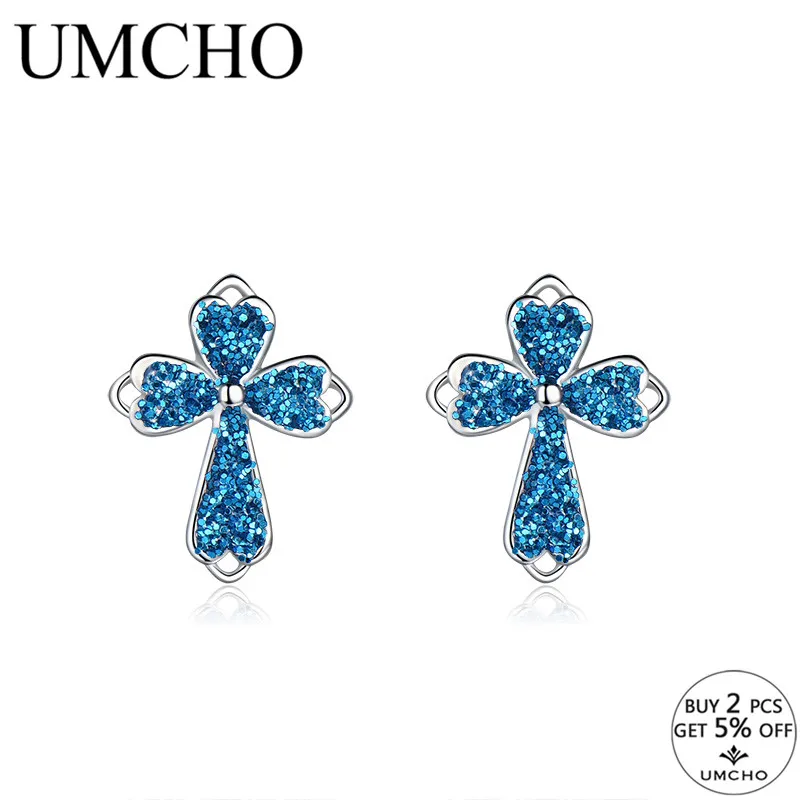 UMCHO Blue Sequins Clover Silver 925 Stud Earrings for Women Party Wedding Accessories Jewelry