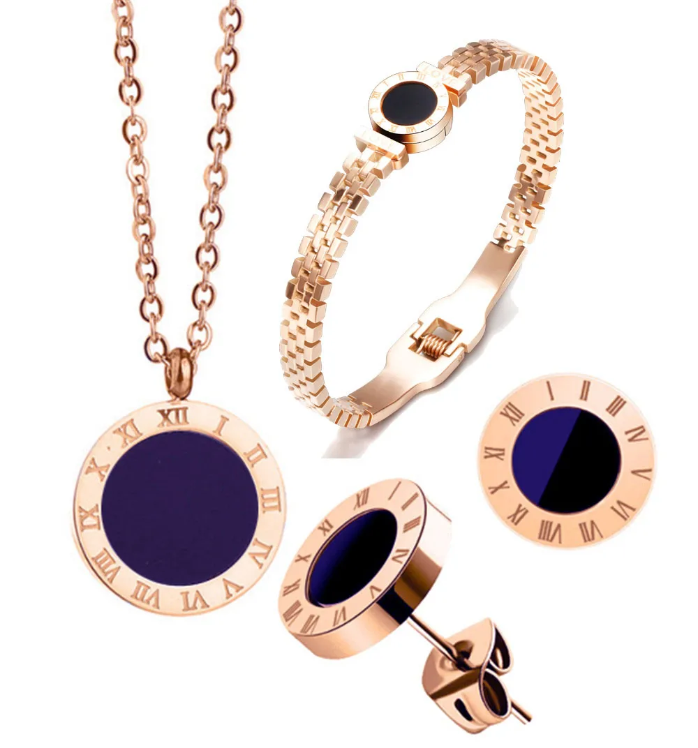 316L Stainless Steel Hollow Black Roman Numeral Round Bracelet Earring Necklace Colorless Wedding Jewellery Set