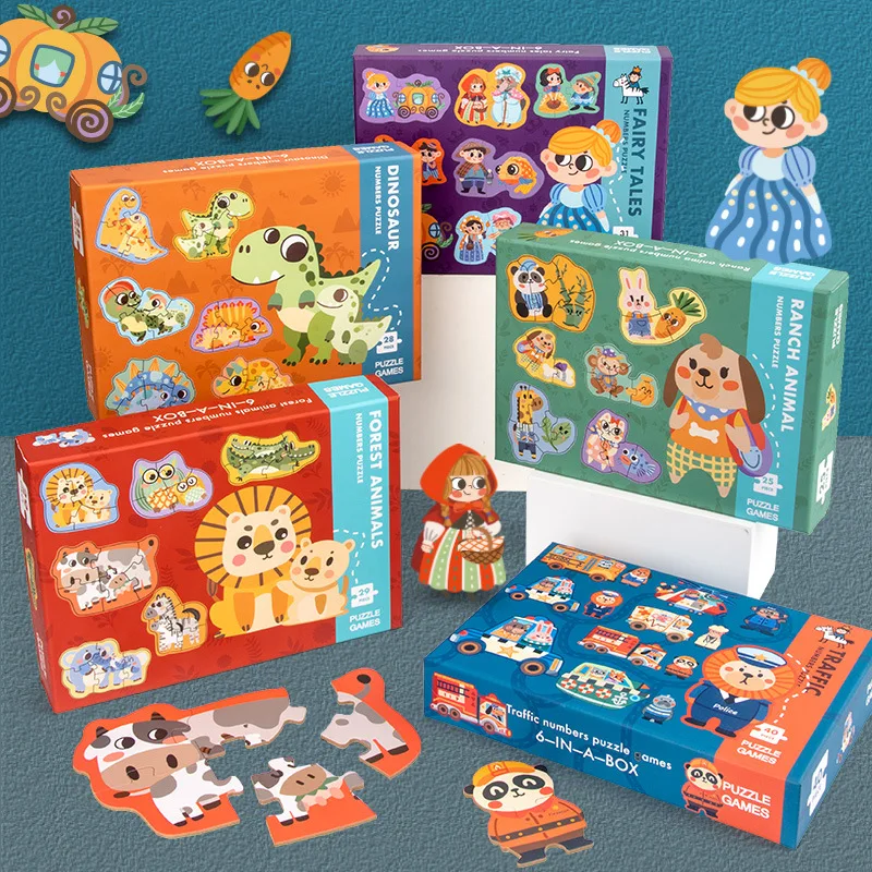 Baby Montessori Houten Zes-In-een Matching Puzzel Fun Educatief Cartoon Grote Stuk Puzzel Kinderen Speelgoed Jongen meisje Gift