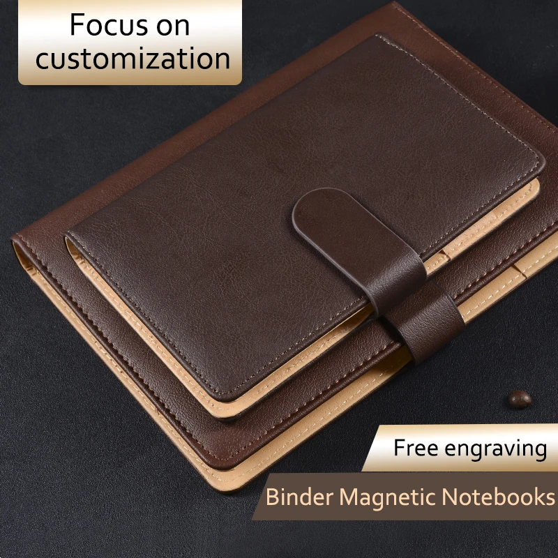 Business Brown Black Red Leather Journals,Magnetic Snap Ring Binder Planner Organizer Notebooks A6 A5 B5