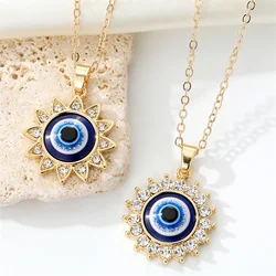1pc Bling Sun Flower Evil Eye Necklace For Women Gift Shiny Zircon Turkish Blue Eye Sweater Clavicle Chain Party Wedding Jewelry