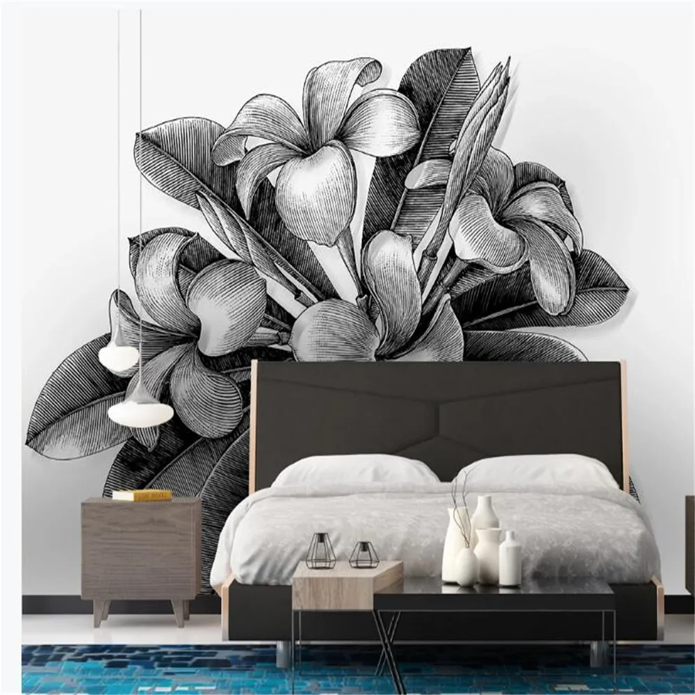 

Mi'lo'fi custom 3D wallpaper mural hand-painted black and white plant flowers living room TV background wall decorative painting