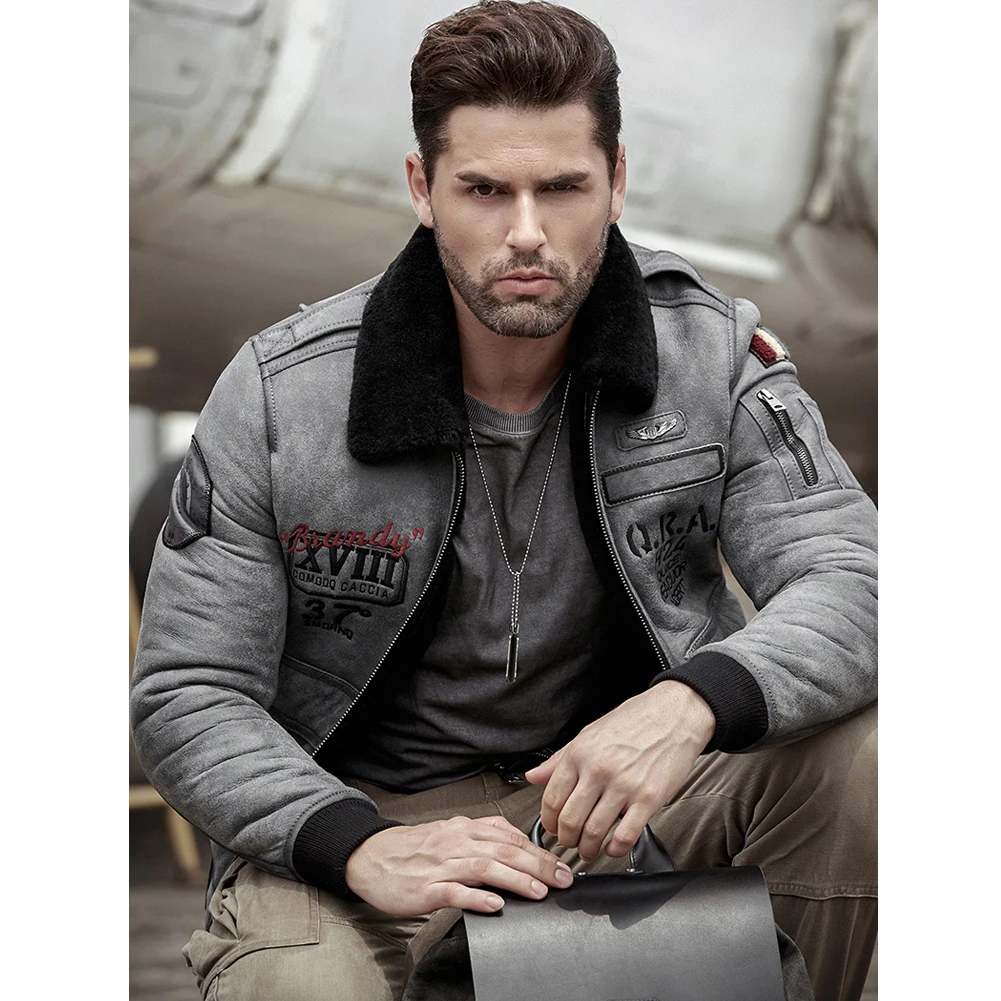 Denny&Dora Men's Gray Sheepskin Shearling Jacket B6 Aviator Flight Bomber Winter Warm Black Fur Collar Leather Coat