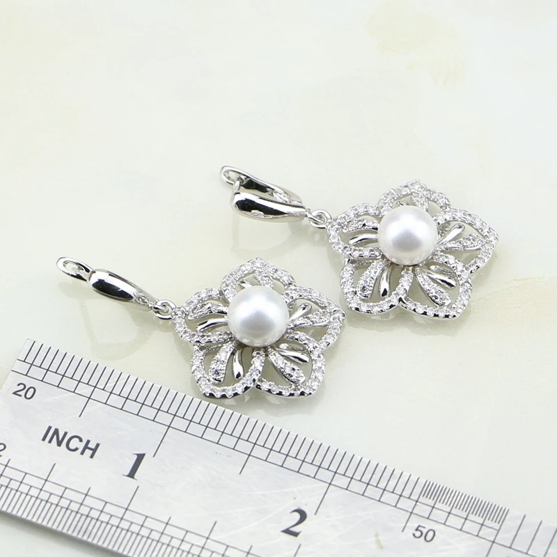 Flower 925 Sterling Silver White Pearl Cubic Zirconia Jewelry Set For Women Wedding Earrings/Ring/Pendant/Necklace