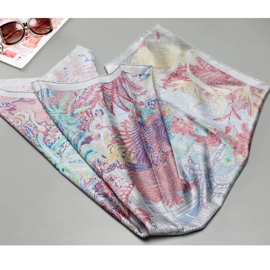 Charming Print 100% Head Silk Scarf Hijab Women Large Square Silk Shawl Cape Foulard 35\