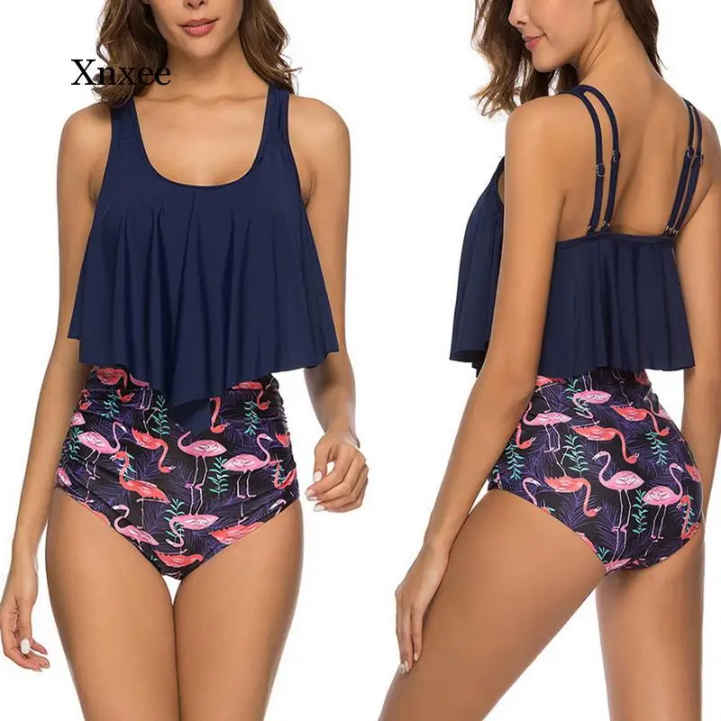 Bikini de cintura alta con volantes para mujer, traje de baño informal con estampado para playa, Tankini, ropa de baño 2021