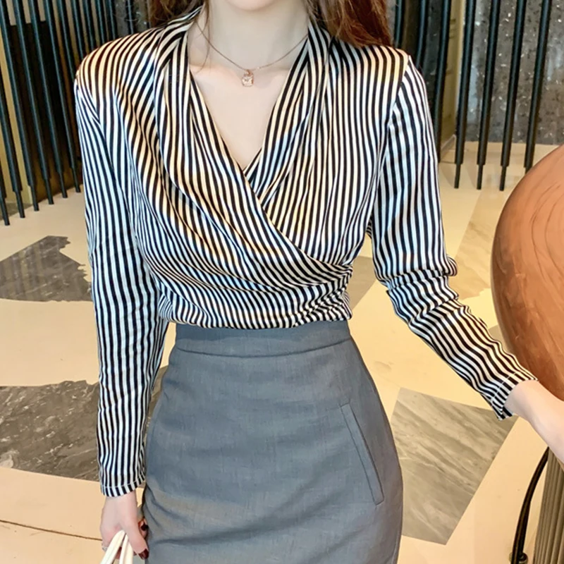 new arrival korean fashion spring blouse women OL temperament professional casual comfortable stripe tops simple wild slim shirt