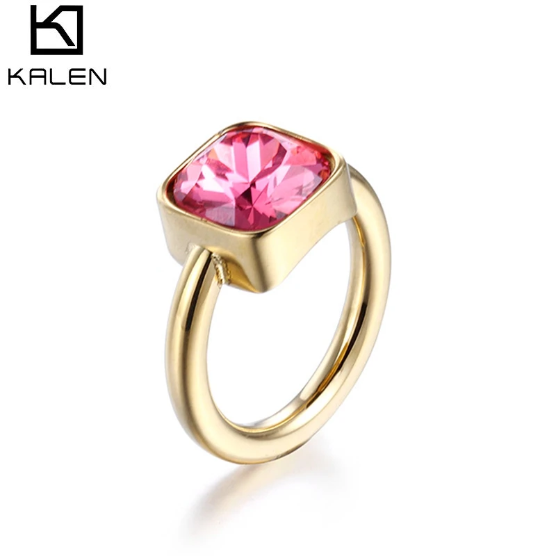 KALEN Fashion Square Colourful Glass Crystal Rings For Women Gold Color Stainless Steel Wedding Bands Femme Anillos Jewelry