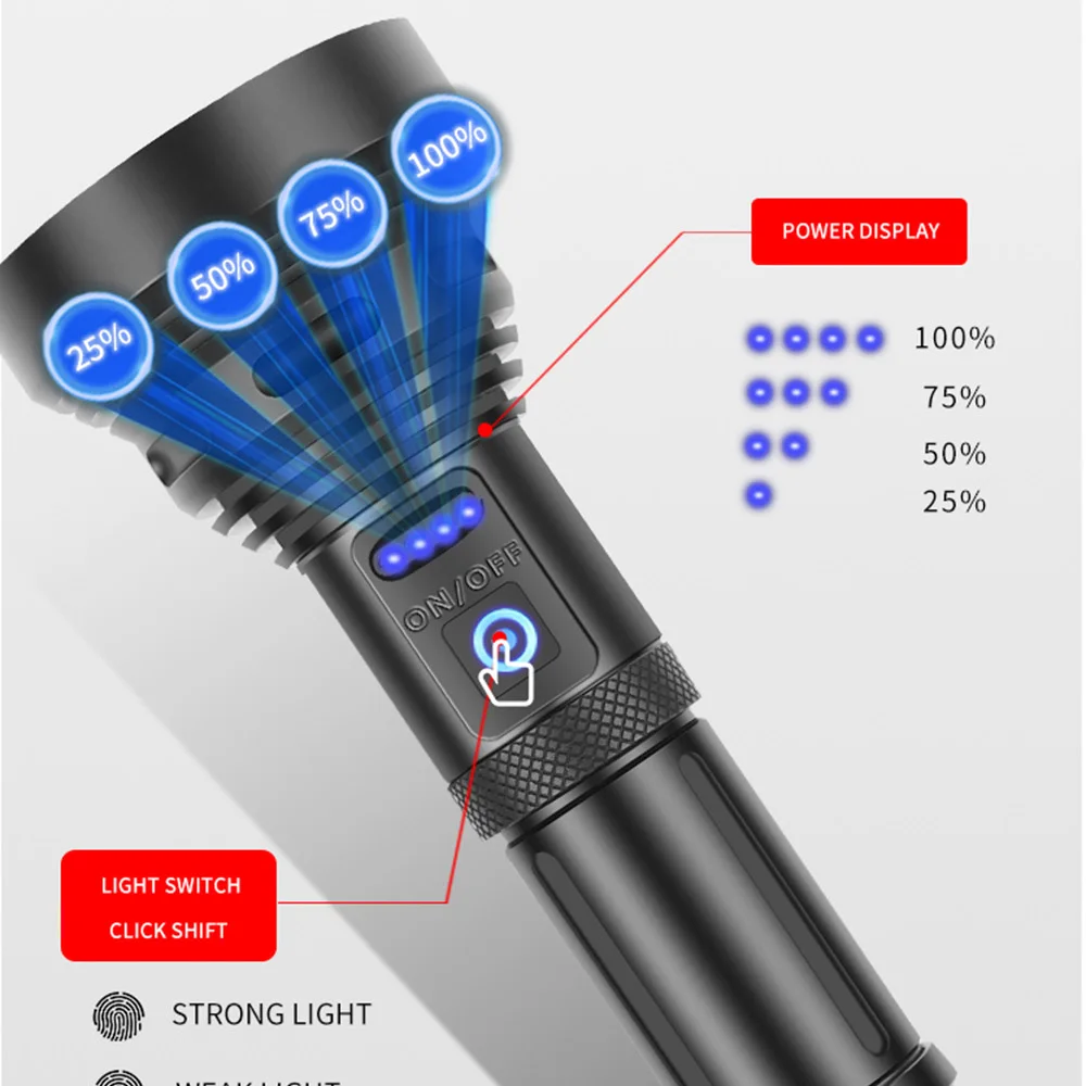 Torcia LED super potente Torcia tattica USB ricaricabile Linterna Lampada impermeabile Lanterna ultra luminosa da campeggio 18650 26650