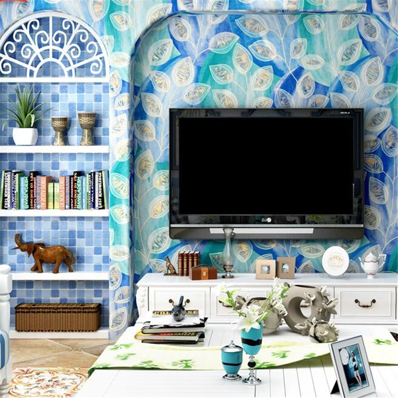 wellyu  Mediterranean style wallpaper American style living room blue peacock feathers Southeast Asia TV background wallpaper