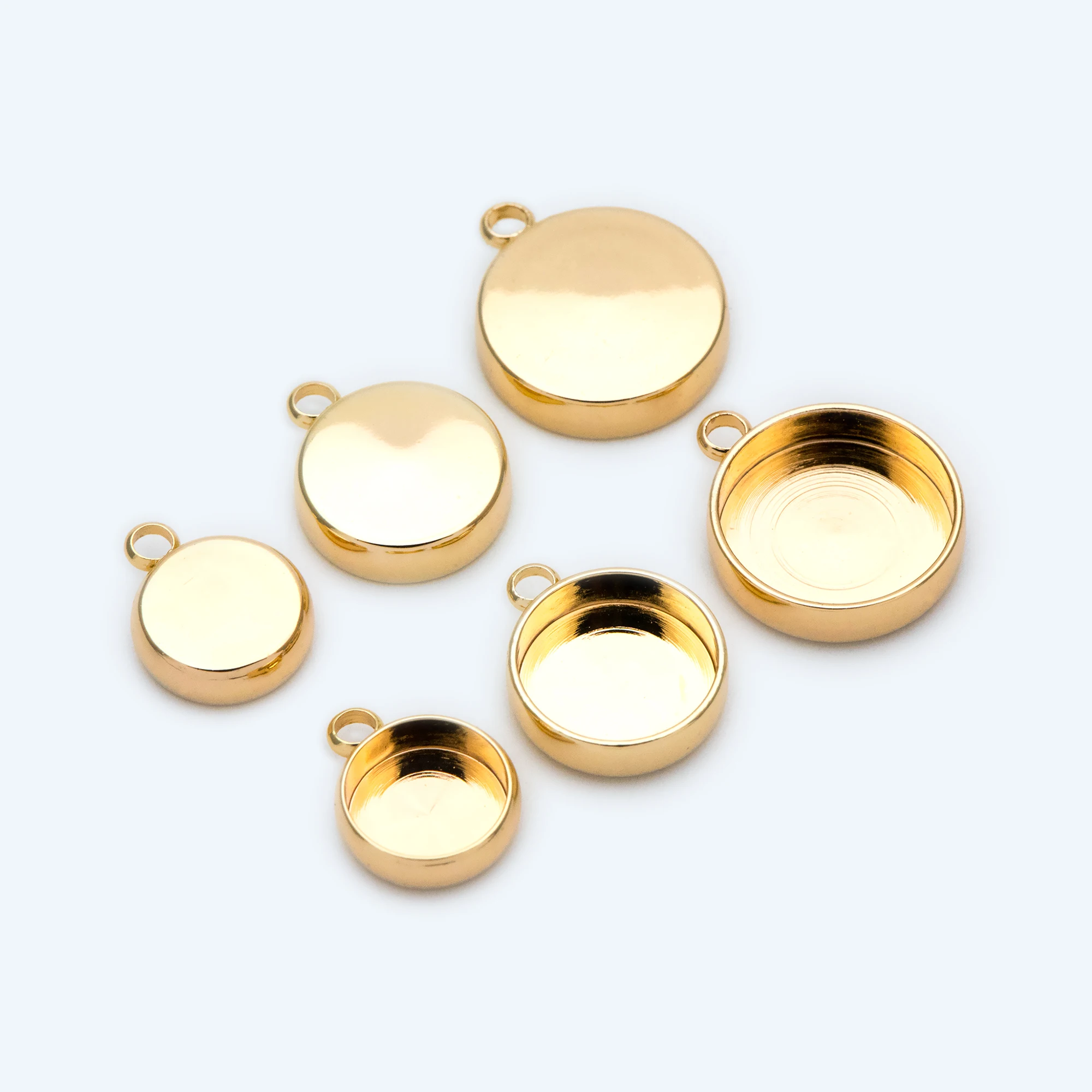 Montatura per castone in oro da 10 pezzi, ciondoli rotondi vuoti, interni 8/ 10/ 12mm, Base Cabochon in ottone placcato oro (GB-1748)