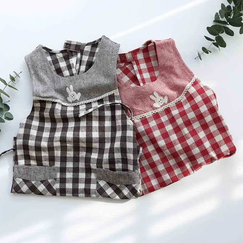 Japanese Plaid Apron Loose Cotton Linen with Pockets Home Daily Kitchen Restaurant Waiter Overalls