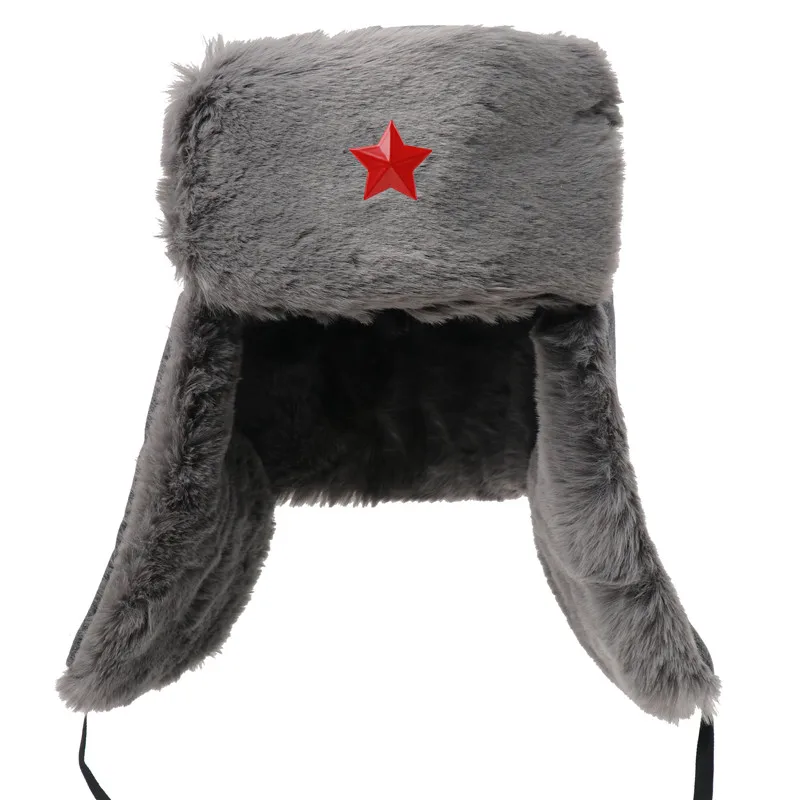 CAMOLAND Soviet Army Military Badge Winter Hat For Women Men Warm Bomber Hats Thermal Faux Fur Russia Ushanka Earflap Caps