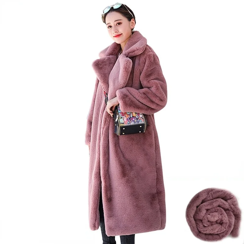 Winter warm Women High Quality Faux Rabbit Fur Coat Luxury Long Fur Coat Loose Lapel OverCoat Thick  Female Plush Coats