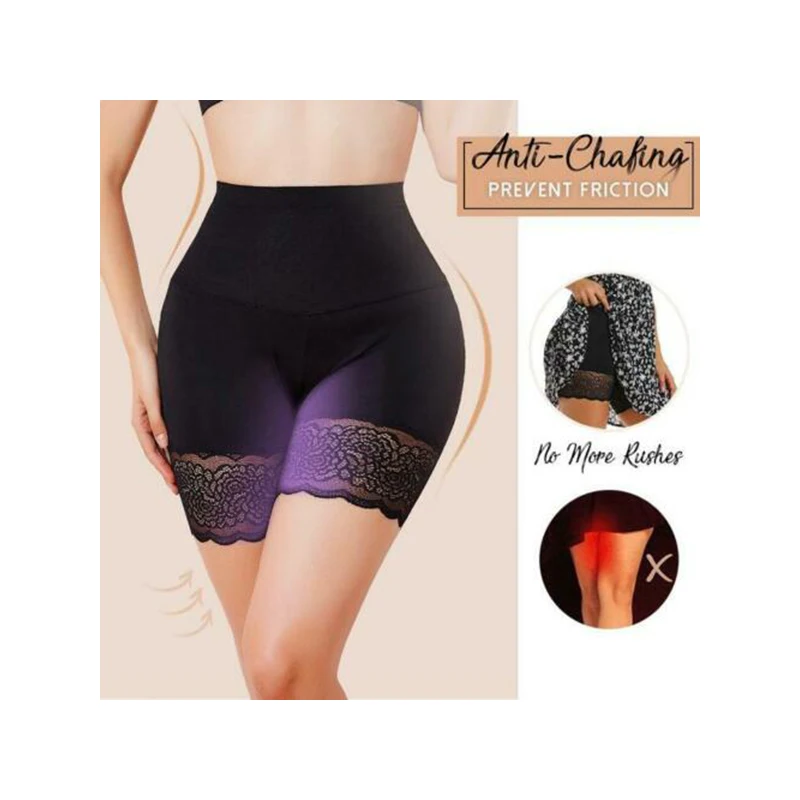 

Anti-Chafing Ice Silks Thigh Saver High Waist Hips Up Shapewear Tummy Control Solid Color Sexy Lace Shorts Summer Daily Life