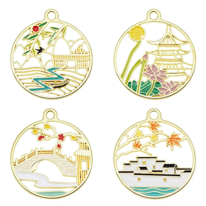 Julie Wang 4PCS Enamel China Traditional Architecture Charms Alloy Hollow Round Pendant Bracelet Jewelry Making Accessory