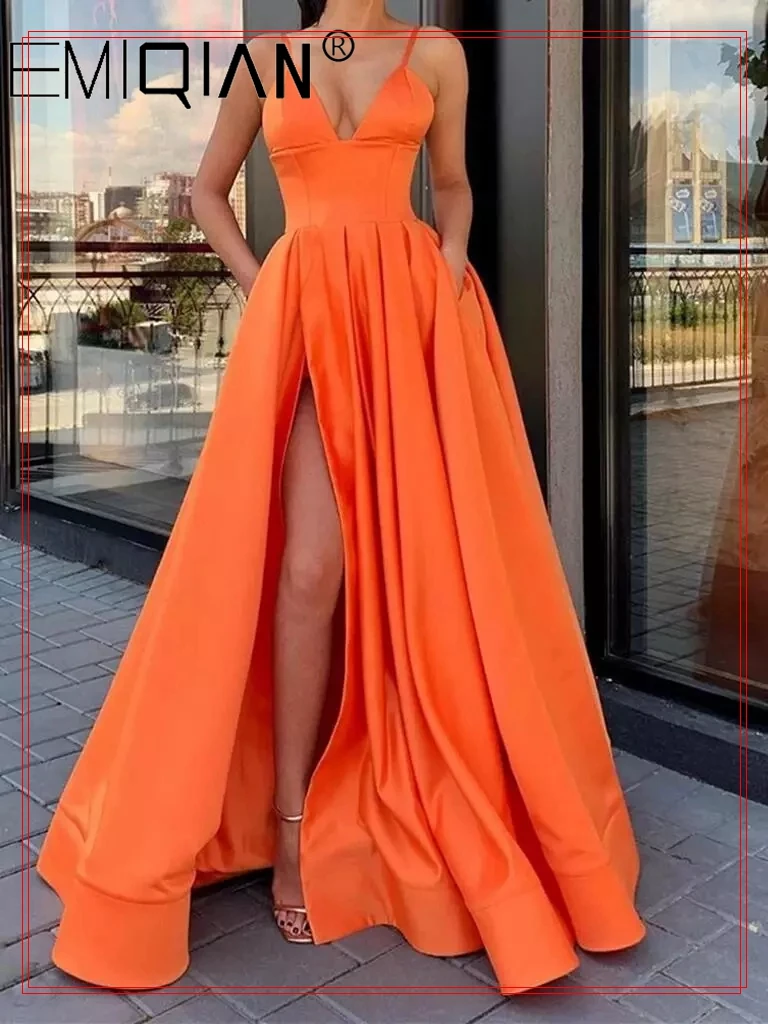 Women Prom Dresses Simple High Split Formal Evening Gowns With Pockets Spaghetti Straps Vestidos Long robe de soiree