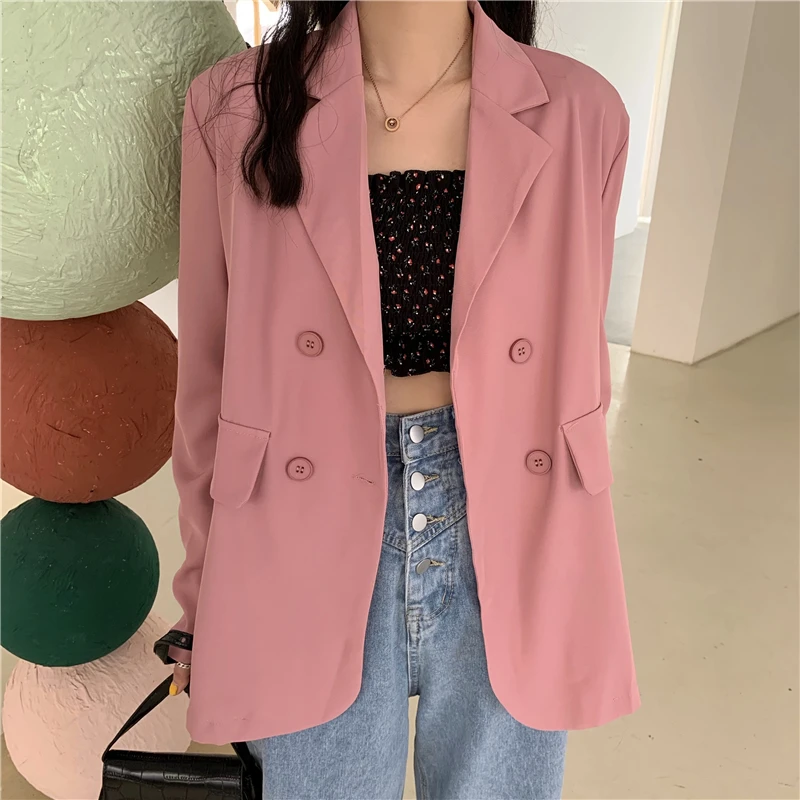 

Solid Casual Thin Blazer Woman Spring Summer Autumn Long Coat Korean Fashion Ladies Pink Green Purple Beige Black White Blazer