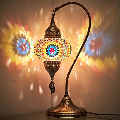 

English Moroccan Tiffany Style Handmade Colorful Mosaic Table Desk Bedside Night Swan Neck Lamp Light Lampshade, Multicolor, 19"