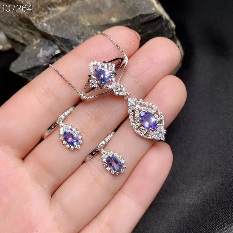 KJJEAXCMY Fine Jewelry 925 sterling silver inlaid natural Tanzanite ring pendant earring set luxury supports test