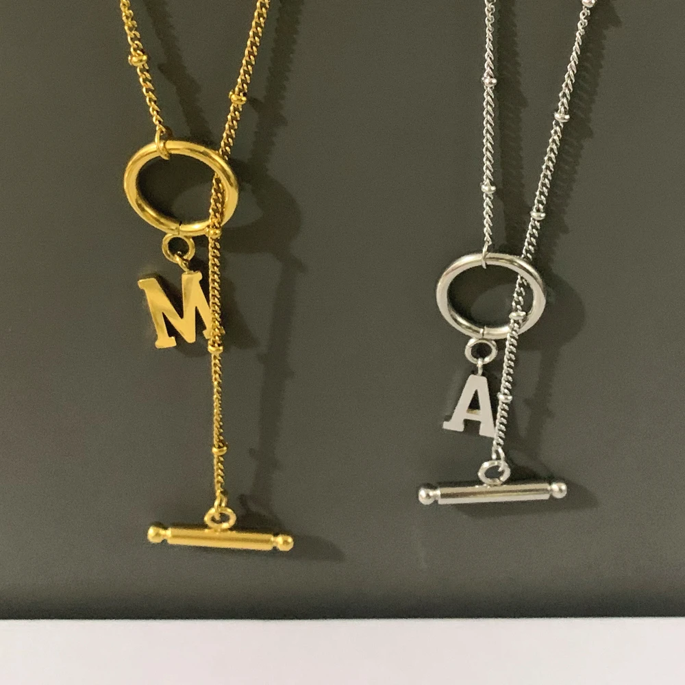 DIY Vintage OT A-Z Initial Capital Letter Name Charm Necklace for Women Simple Gold Color Beaded Chains Clavicle Choker Collar
