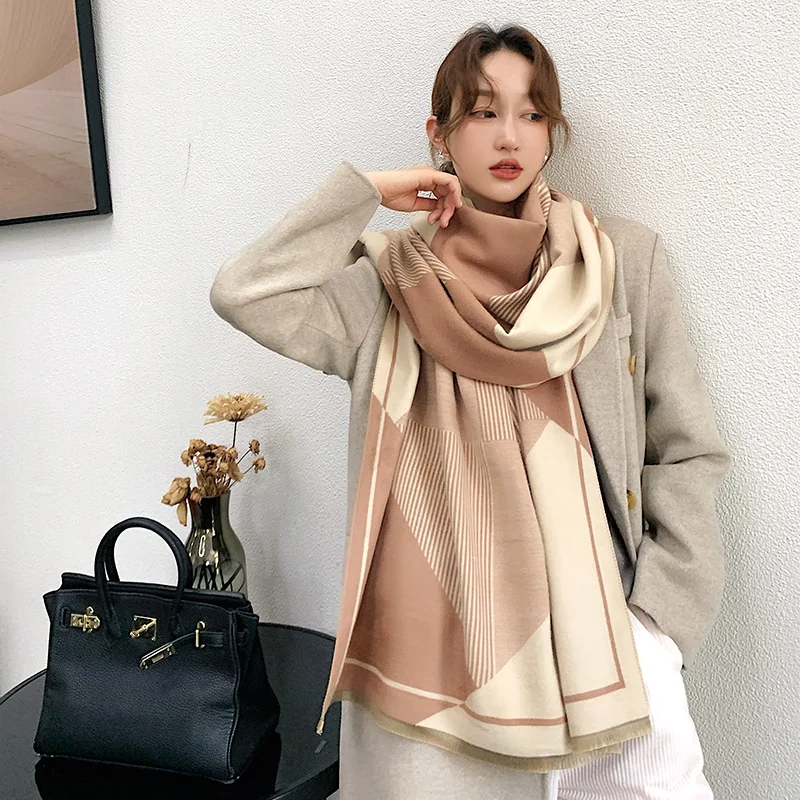 KOI LEAPING European and American style Winter new wild scarf female color matching cashmere double-sided warm shawl scarf