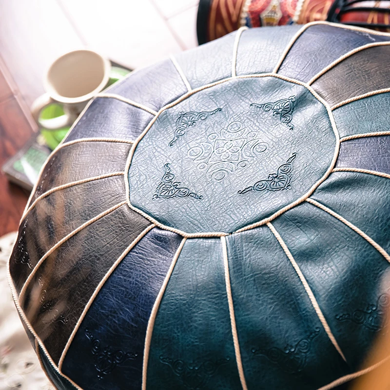 Moroccan Artificial PU Leather Cushion Cover Embroidery Craft Ottoman Footstool Case Living Room Decor Unstuffed Pouf Covers