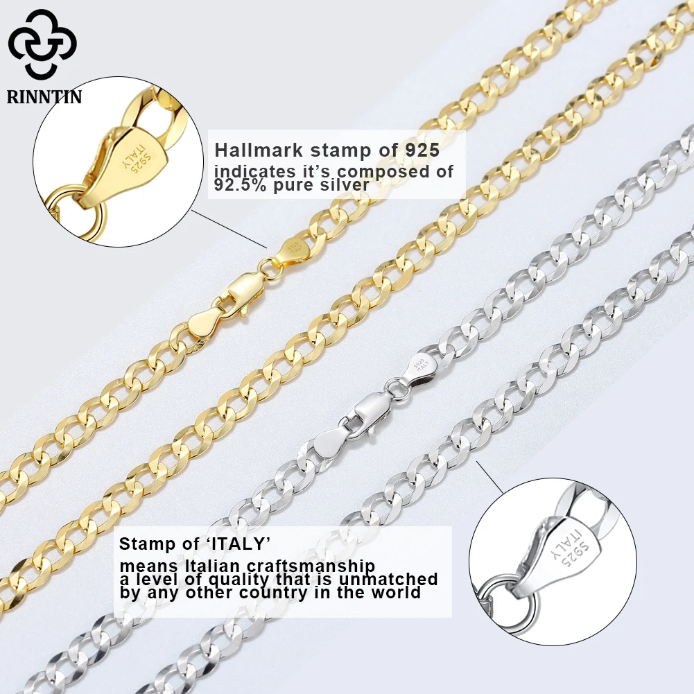 Rinntin ouro 18k sobre 925 prata esterlina 3mm/5mm italiano corte de diamante cubano link colar de corrente do freio para mulheres homens jóias sc60