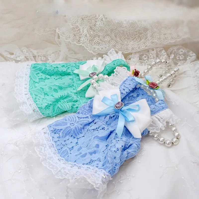 High-end Handmade Dog Clothes Pet Supplies Day Dress 4 Colors Openwork Lace Princess One Piece Gem Bow Knot Accessories Poodle