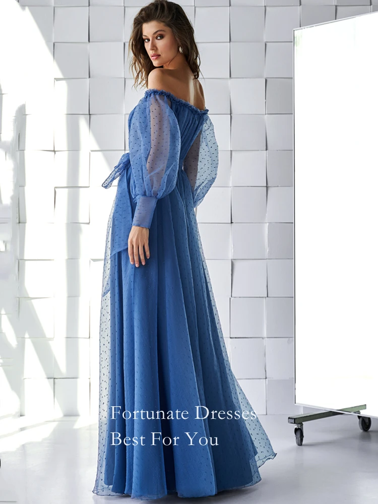 ที่กําหนดเองElegant Navy BlueพัฟแขนจุดTulle Prom Dresses 2025 สายปิดไหล่สําหรับชุดปาร์ตี้สตรีชุดราตรี