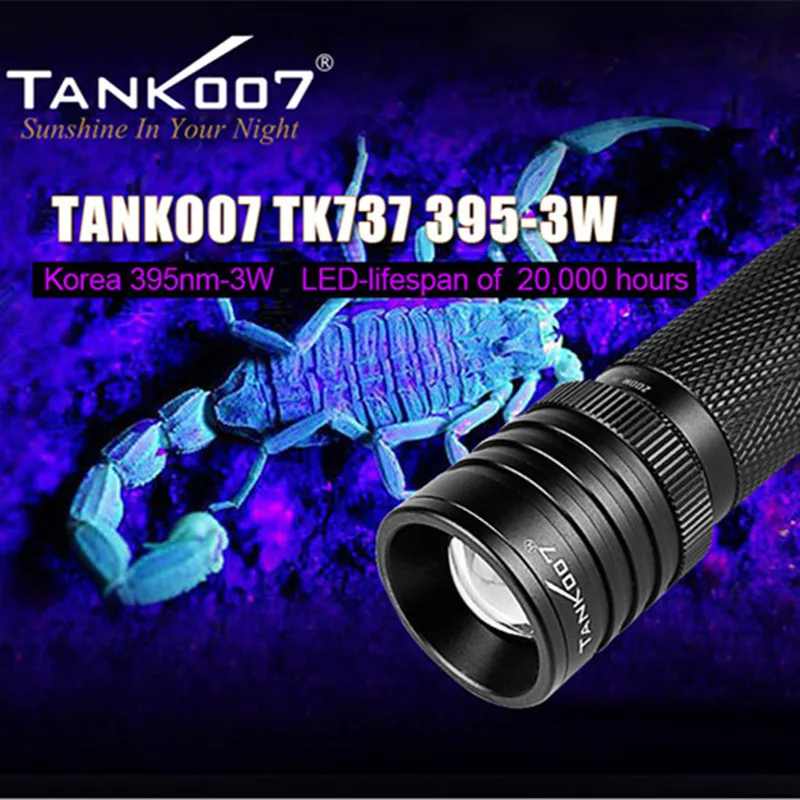 

TANK007 3 Watt High Power UV 395nm LED Zoomable Scorpion Flashlight Charger 18650 Li-ion battery Zoom UV Curing Lamp Torch